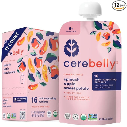 Cerebelly Baby Food Pouches – Organic Veggie Purees for Toddlers | No Added Sugar, Fiber, Non-GMO | Blended Toddler Pouches | 4 Ounce BPA-Free Pouch | Spinach Apple Sweet Potato | 12 Count