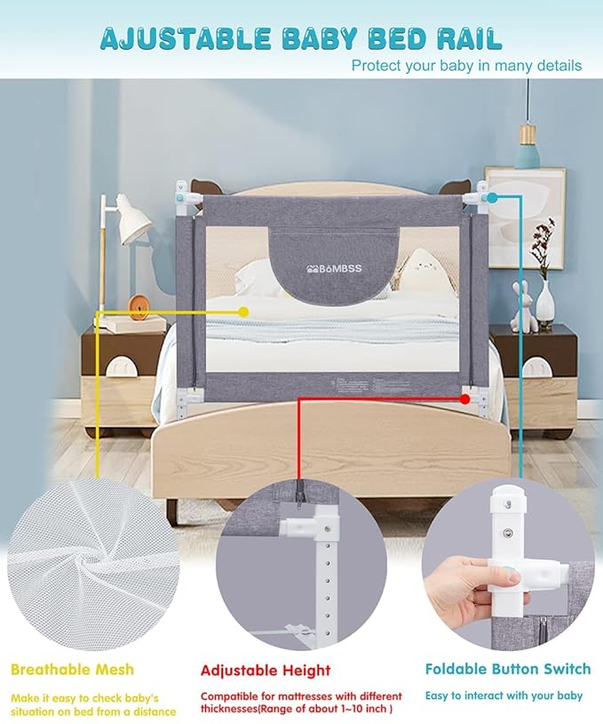 MBQMBSS 37'' Bed Rail for Toddlers, Baby Bed Rails Guard for Kids- Fit for Wide Side of Twin Bed, Adjustable Sturdy Railing for Toddlers Kids Protective Bedrails All Around Bed Guard Railing