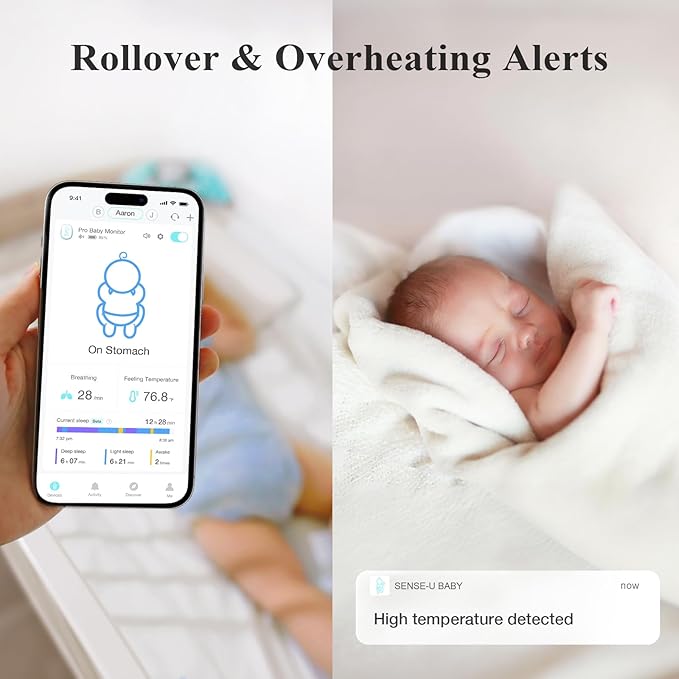 Sense-U Pro Baby Monitor(Long Range) – Tracks Breathing Movement, Rollover & Temperature Anywhere for Better Sleep, Simple Clip-On Smart Tracker with Arousal Vibration, Audible Alerts & Sleep Analysis