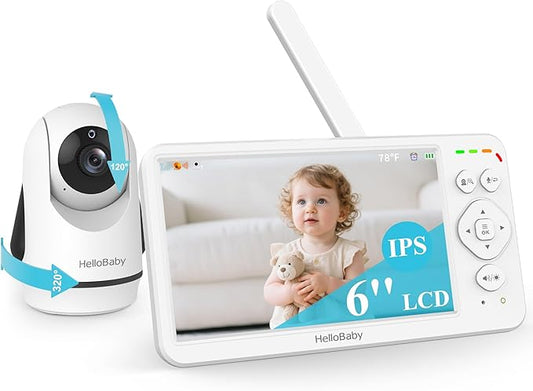 HelloBaby Baby Monitor with Camera and Audio, Large 6'' Video Baby Monitor No WiFi,30-Hour Long Battery, 320° Pan-Tilt Camera with 2X Zoom, Night Vision, 2-Way Talk,ECO,1000ft, Portable, 150 Languages