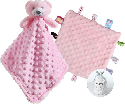 CREVENT Soft Plush Animal Face Security Blankets for Boys and Girls, Great Gifts for Birthday Baby Shower (Pink Bear + Tag)