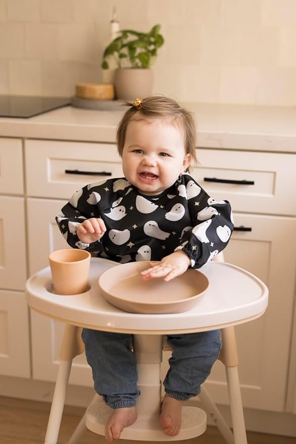 Tiny Twinkle Mess Proof Baby Bib,Waterproof Smock Baby Bib for Eating,Machine Washable Long Sleeve Bib,Baby Led Weaning,Toddler Bib,BLW Supplies (Ghosts, Small 6-24 Months)
