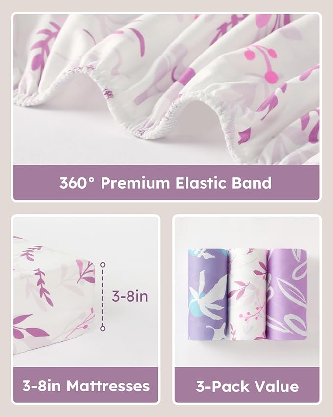 Baby Crib Sheets for Boys Girls, Fitted Crib Sheet Neutral 3 Pack for Standard Crib and Toddler Mattress, Breathable Soft Microfiber Baby Sheet 28x52x8in Purple Leaf