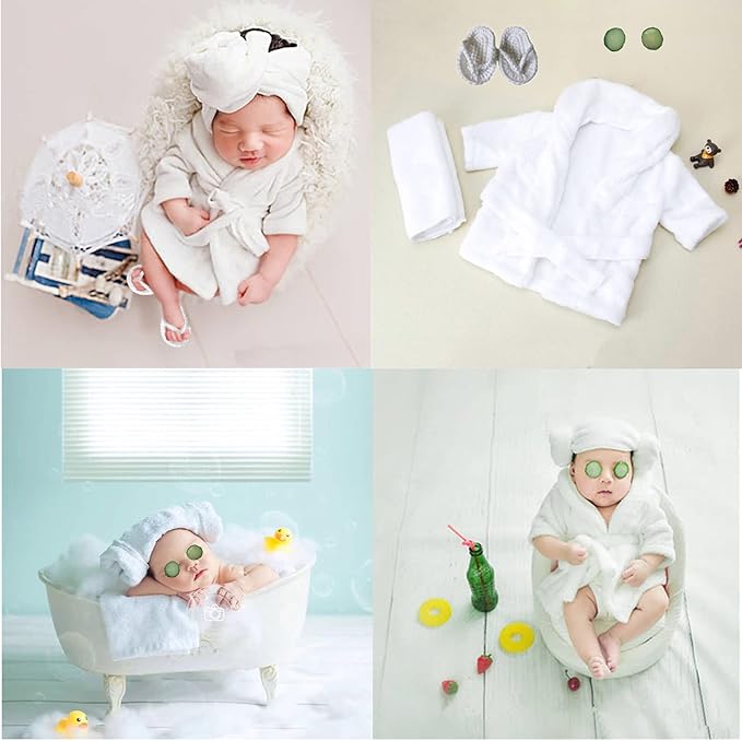 5PCS Newborn Photography Outfits, Baby Bathrobes Bath Towel Outfit with Slippers Photo Props for Girls and Boys