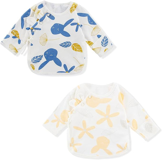 Newborn Side snap Shirts for Baby Girls & Boys, Purcotton Baby Girls & Boys Top Tees with Cute Patterns, 2-Pack