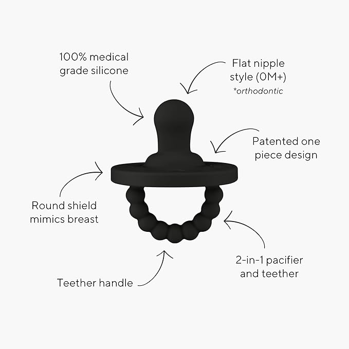 Ryan & Rose Cutie PAT Pacifier Teether 3 Pack and Flex Clip (Flat, Black)