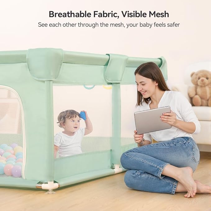 COMOMY Playpens for Babies and Toddlers, 74"x50" Playard Extra Large, Safe and Non-Slip Baby Fence, Full Mesh Design, Indoor & Outdoor Kids Activity Center, Play Pens (Dark Green)