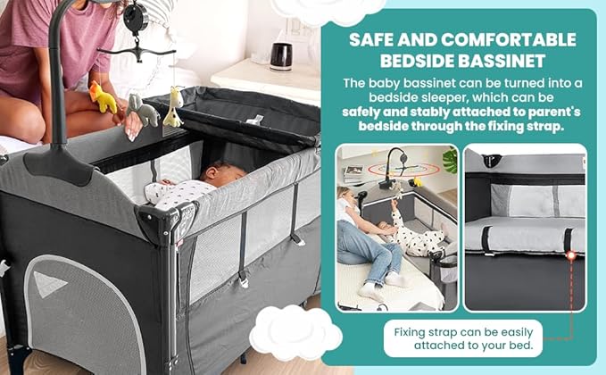 5 in 1 Baby Bassinet - Portable Crib, Bedside Sleeper, Diaper Changer, Playard & Travel Pack and Play Newborn to Toddler Carry Bag + Safety Strap Included