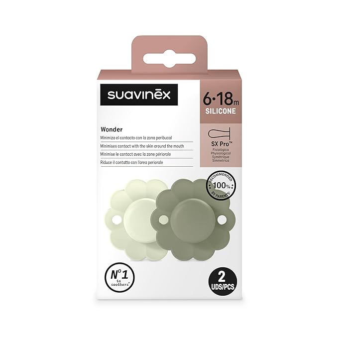 Suavinex Wonder Baby Pacifier, SX Pro Silicone Nipple, Reversible, Non Irritating Shield Design, 2Pk Pacifiers 6-18 Months, Made in Europe,Aqua/Green