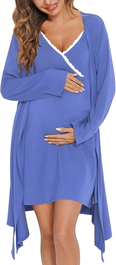 SWOMOG Womens Maternity Robe 2 Piece Nursing Nightgown for Breastfeeding 3 in 1 Labor Delivery Nursing Dress Lace Bathrobe