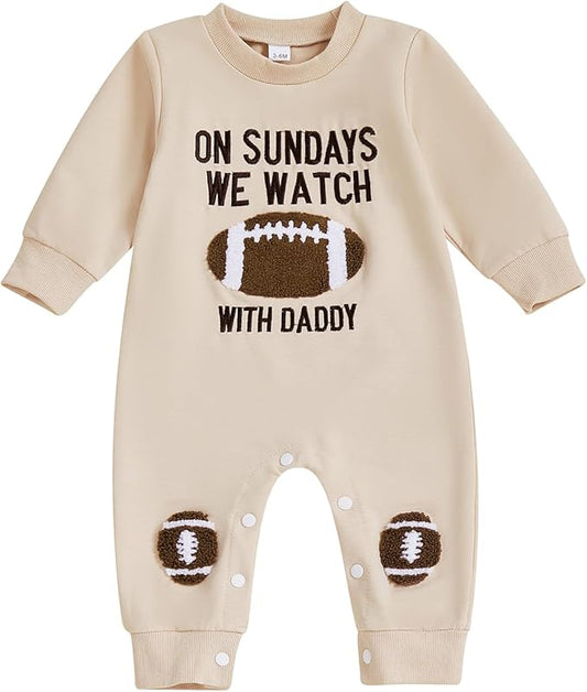 Lamuusaa Newborn Baby Girl Boy Football Outfit On Sundays We Watch Football Romper Long Sleeve Jumpsuit Fall Clothes 0-18M