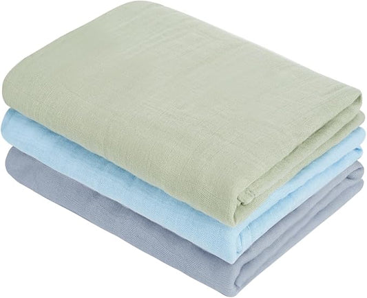 Muslin Swaddle Blankets, Nursery Receiving Blanket for Newborn, Baby Swaddle Wrap Soft Silky & Breathable, 3 Packs, 47 X 47In (Blue and Green 3 Pieces)