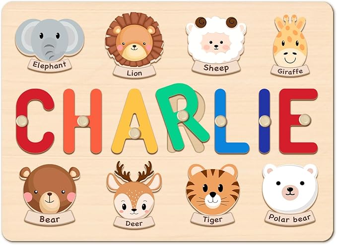 Name Puzzle for Kids Personalized, First Birthday for Baby Boy Girl, Wooden Animal Puzzles for Toddlers 1-3, Educational Toys for 1 Year Old