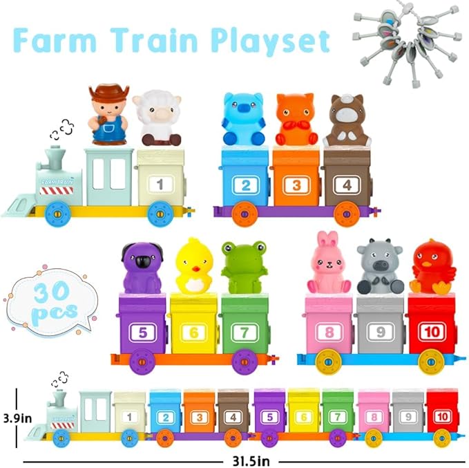Farm Train Toys for Toddlers 1 2 3 Years Old, Learning Montessori Toys with 10 Farm Animals Finger Puppets 1 Farmer, Counting Matching Sorting Barns with Keys, Educational Toy Gift for Boys Girls