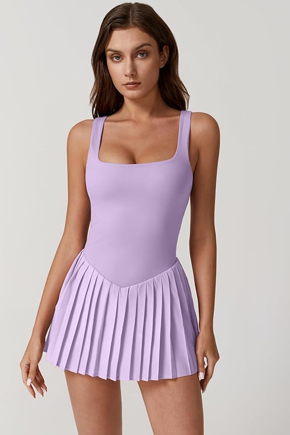 QINSEN Womens Square Neck Tennis Dress Pleated Sleeveless Built in Shorts Golf Athletic Dress with Pockets