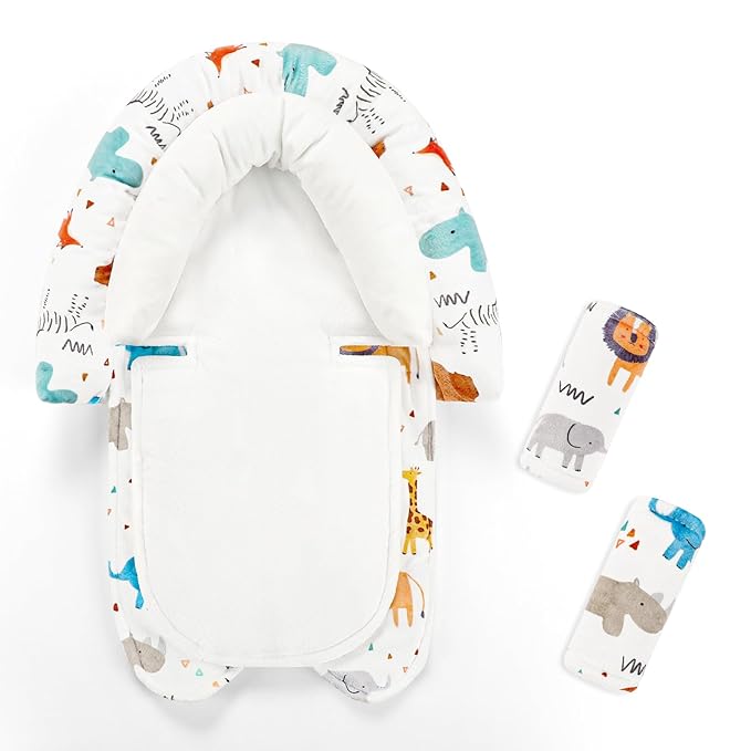 Infant Car Seat Insert & Strap Cover for Baby Boys, 2 in 1 Carseat Head Support Newborn, Ultra Soft Car Seat Cushion for Babies, Plush Fabric, Fit for Swing, Car Seat, Stroller, Bouncer