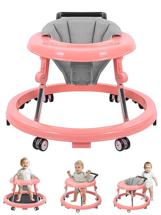 Baby Walker with Wheels: Adjustable Height & Foldable Design, Mute Wheels & Anti-Rollover Feature, Includes Footrest, Perfect for Boys & Girls 6-18 Months