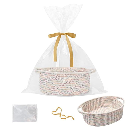 Gift Basket with Gift Bag and Ribbons,Small Rope Woven Shelf Storage,Baskets for Gifts Empty,Birthday,Shower,Decorative Organizer Box for Cat Dog Pet with Handles(Colorful Thread)