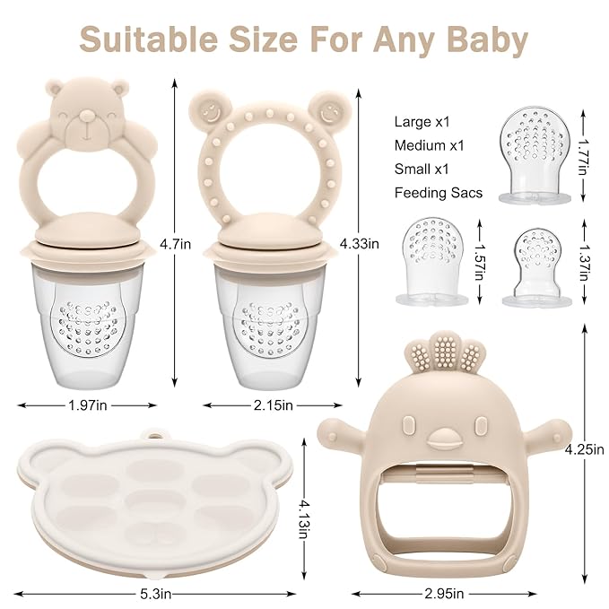 4 Pack Silicone Teething Mitten for Babies with Baby Fruit Food Feeder & Freezer Tray Set, BPA Free Infant Teething Relief Toy for 3 Month+, Additional Silicone Sacs (Bear&Smile Beige)