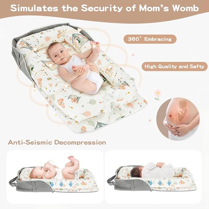 Baby Lounger, Portable Infant Lounger for Newborn, Adjustable Size Baby Nest for Infant 0-12 Months - Carousel