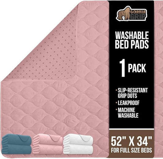 GORILLA GRIP Washable Underpads, Waterproof Reusable Heavy Absorbency Incontinence Bed Pads, Leak Proof Toddler Mattress Pad, 52x34 Slip Resistant Protector for Bedwetting, Adults and Kids, Pink