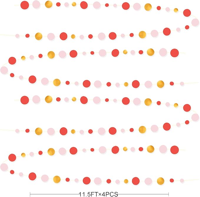 Gold Red Pink Party Decorations Circle Dots Garland Metallic Gold Light Pink with Watermelon Red Hanging Polka Dot Streamer for Women Girl Birthday Bridal Shower Wedding Engagement Hen Party Supplies