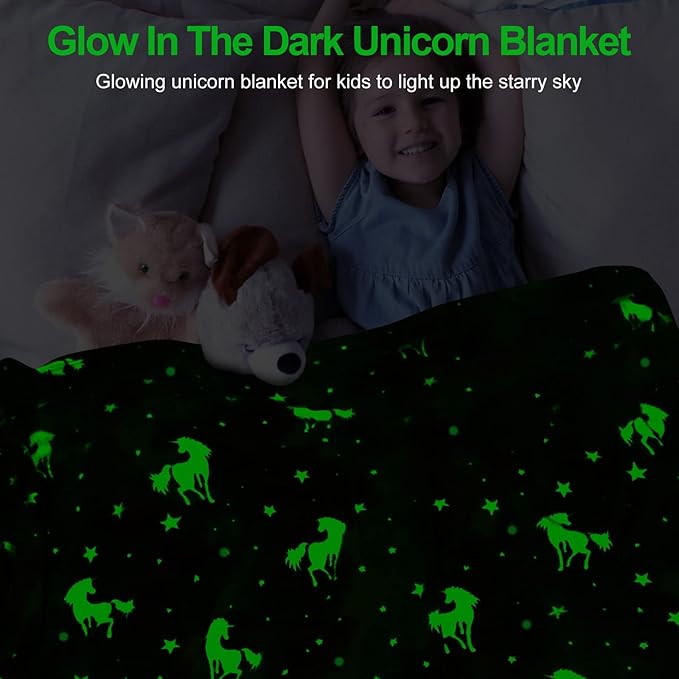 TEHALK Personalized Unicorn Blanket for Girls, Glow in The Dark, Fleece 30"x40"