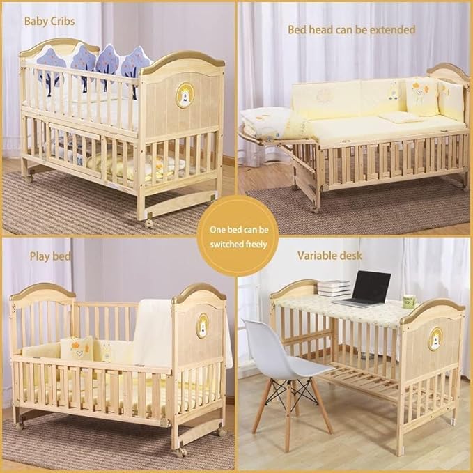 Portable Mini Baby Crib 4 in 1 Convertible with Memory Foam Mattress(38" by24) Included,cunas para Bebes 2025 Small Crib with Foldable Storage Baby Playpen Bedside Sleeper Beds(Natural Wood)
