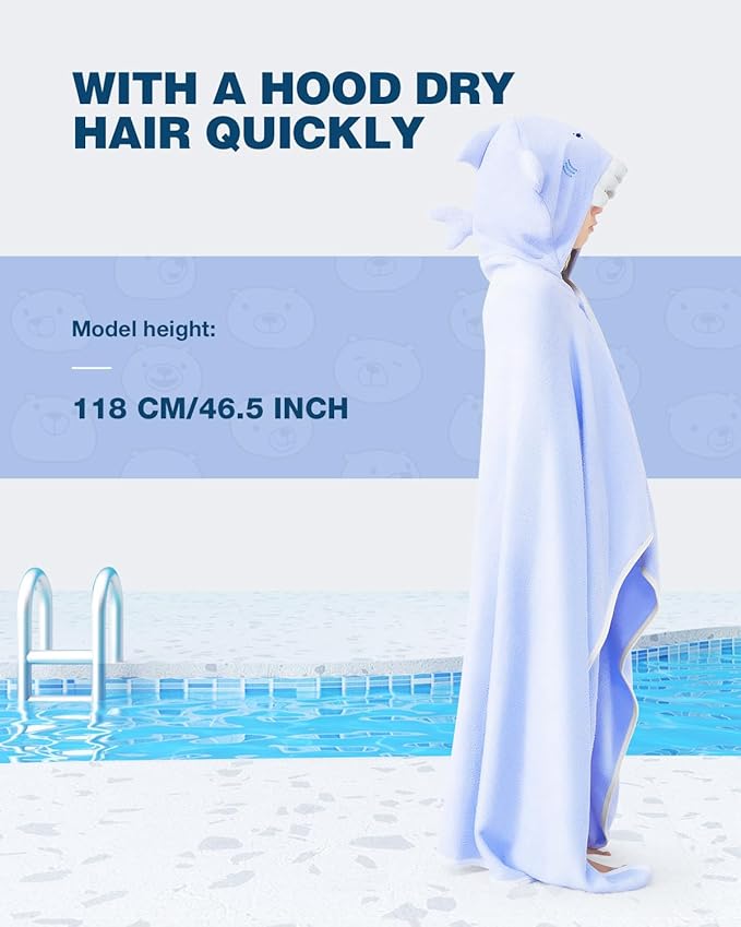 ZIONOR Hooded Bath Towel for Kids - 50''L x 35''W Extra-Large Hooded Towels for Big Kids 6-10, Kids Beach Towels Made from Bamboo Rayon, Suitable for Bath, Pool, Beach(Purple Shark)