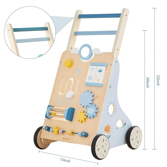 Beright Wooden Baby Walker, Baby Push Walker, Weather Theme, Learning Activity Center for Boys and Girls, Sit-to-Stand Push Toys, Upgraded