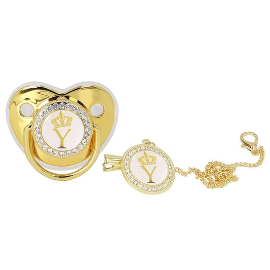 Golden Letter Baby Pacifier, Personalized Bling Pacifier with Pacifier Clips and Anti-Dust Cover for Baby Shower Newborn Birthday Photography (Y)