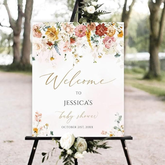 LJGL15 Pink Floral Welcome Poster - Baby Girl Shower Sign