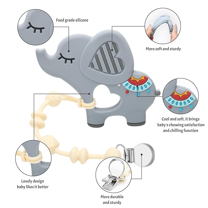 Baby Teething Toys for Babies, Elephant Teether Pain Relief Toy with One Piece Design Pacifier Clip Holder Set, Freezer Safe Neutral Shower Gift for Boys and Girls (Gray)