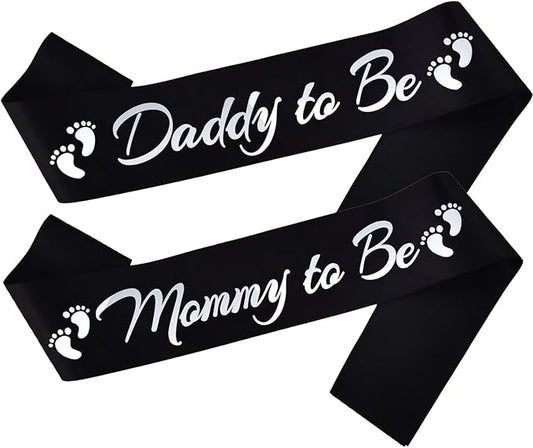 2pcs Mommy to Be and Daddy to Be Sash, Maternity Photo Prop Sash for New Mom Dad Baby Shower Party Gender Reveal Supplies Decorations, Black+Silver