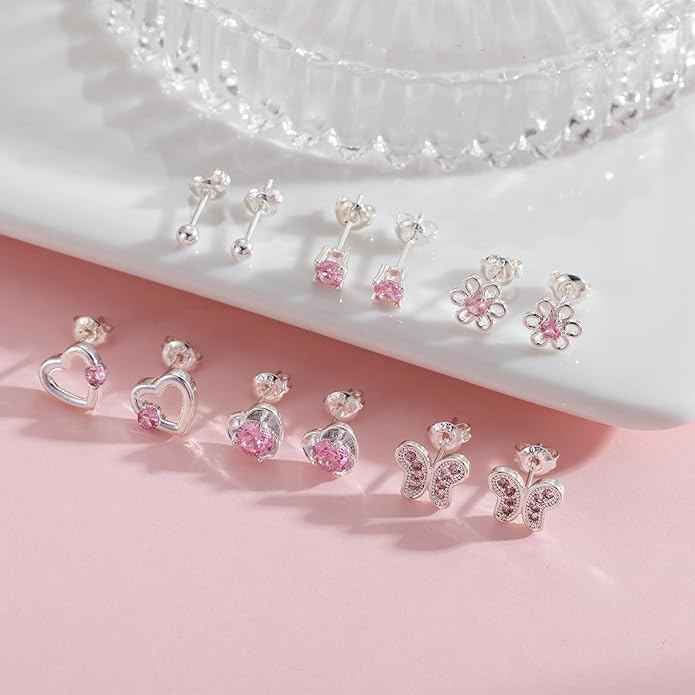 6 Pairs Huggie Hoop Earrings 925 Sterling Silver Stud Sets Cute Heart Hoops Tiny Cubic Zirconia Flower Stud Small Hypoallergenic Cartilage Sleeper Earrings