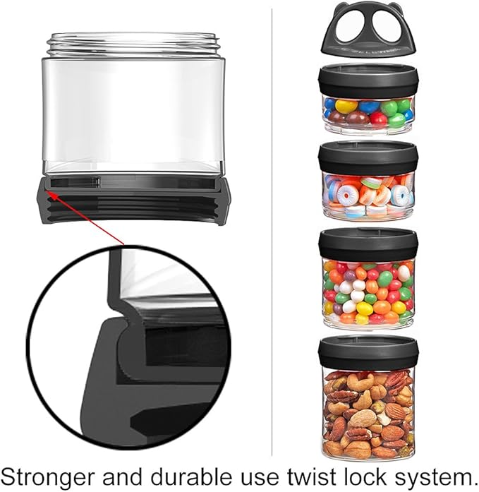 SELEWARE Portable Stackable Food Storage Containers for Snacks Formula Powder and Drinks Twist Lock System Airtight Leak-proof BPA and Phthalate Free 4 Piece Jars 31oz, Black