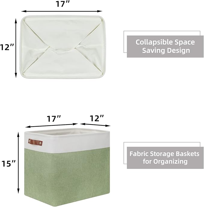 HNZIGE Shelf Storage Baskets for Clothes, Large Storage Bins Fabric Baskets for Organizing, Foldable Rectangular Decorative Storage Bins for Home Closet(White Green), 17" x 12" x 15"