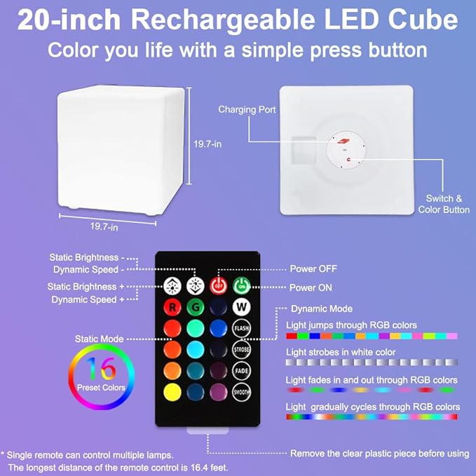 20-in LED Cube Chair, Dimmable RGB Color Changing Light Cubes w/Remote, Versatile Large LED Cube Seat, Rechargeable Light Table Waterproof Outdoor Floor Lamp, Ideal Home Garden Patio Pool Party Decor