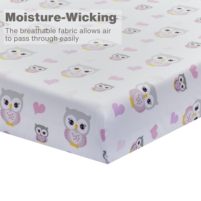 EVERYDAY KIDS Baby Girl Fitted Crib Sheet Sweet Owls, 100% Soft Breathable Microfiber Baby Sheet, Fits Standard Size Crib Mattress 28in x 52in, Nursery Sheet