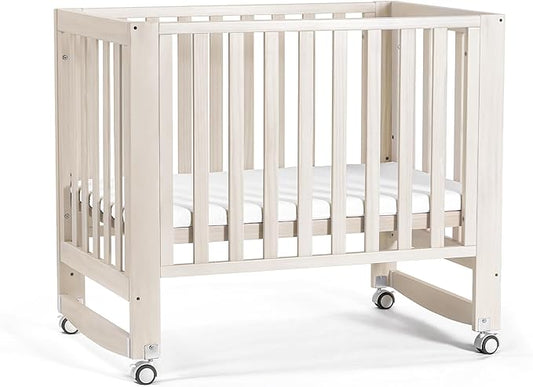 EvoNest Baby Crib, 6 in 1 Convertible Mini Crib with Wheels, 100% New Zealand Wood Growing Bed, 4 Adjustable Mattress Height， Washed Natural