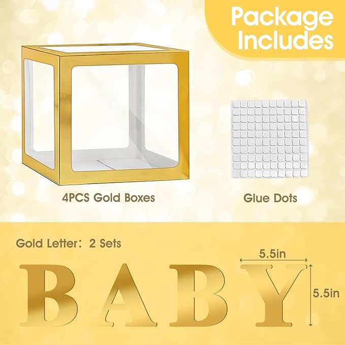 Ledido Baby Boxes with Letters for Baby Shower Decorations, 4 pcs Clear Baby Balloon Boxes Blocks for Baby Shower Decor with Letters for Boy Girl Gender Reveal Decorations Backdrop Party (Gold)