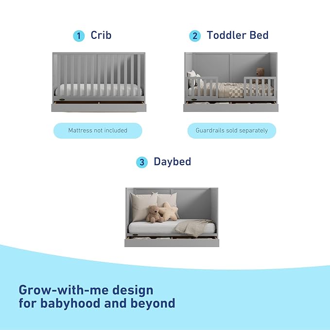 Graco Theo Convertible Crib with Storage Drawer (Pebble Gray) – GREENGUARD Gold Certified with Drawer, Converts to Toddler Bed, Fits Standard Crib Mattress