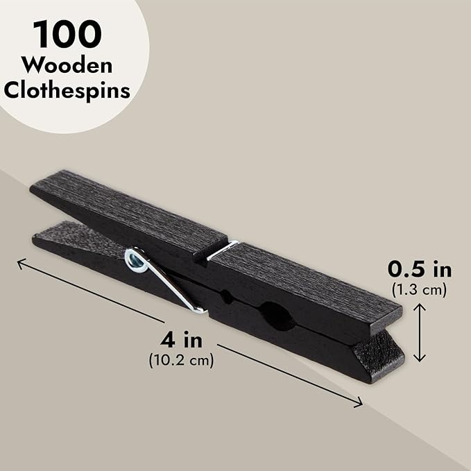 Juvale 100 Pack Wooden Clothespins for Hanging Laundry, Crafts, Photos (Black, 4 in Clothes Pins Wooden)