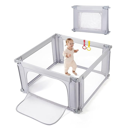 Baby Playpen 47x47 Inch Playpen,Adjustable Playard for Babies and Toddlers,Small Baby Play Pens,Indoor Outdoor Play Yard for Infants with Zipper Door＆360°Mesh Cloth,Grey