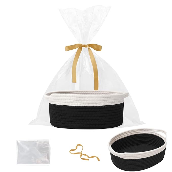 Gift Basket with Gift Bag and Ribbons,Small Rope Woven Shelf Storage,Baskets for Gifts Empty,Birthday,Shower,Decorative Organizer Box for Cat Dog Pet with Handles(White&Black)