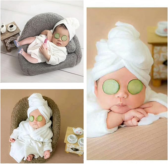 SPOKKI Newborn Photography Props Baby Girl 5 PCS Bathrobes Bath Towel Outfit with Slippers Cucumber Photo Props for Infant Boys Girls(0-6 Months)