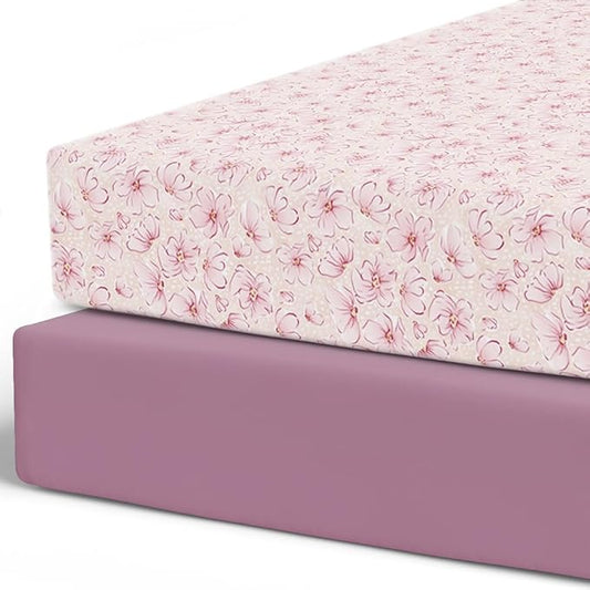 Pobibaby – 2 Pack Crib Sheets Girl, Premium Fitted Baby Crib Sheets for Standard Mattress – Ultra-Soft Jersey Knit, Safe and Snug, Stylish Floral Design (Blossom)