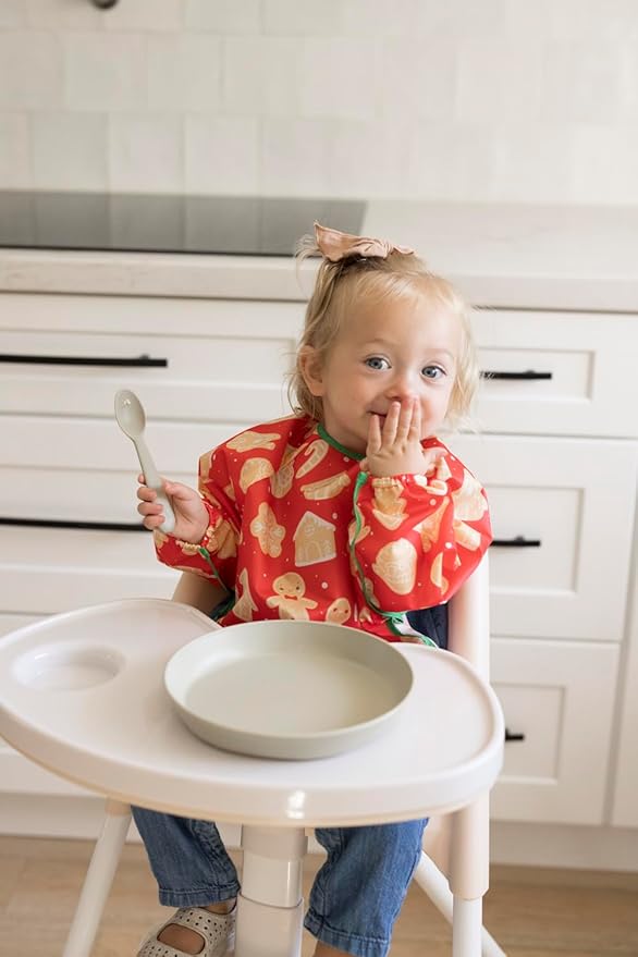 Tiny Twinkle Mess Proof Baby Bib,Waterproof Smock Baby Bib for Eating,Machine Washable Long Sleeve Bib,Baby Led Weaning,Toddler Bib Gingerbread, Small 6-24 Months