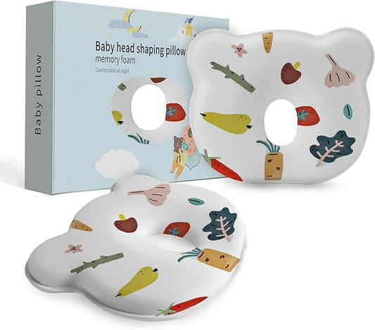 Soft and Breathable Baby Pillow with Memory Foam and Bear Design (White Veggie)