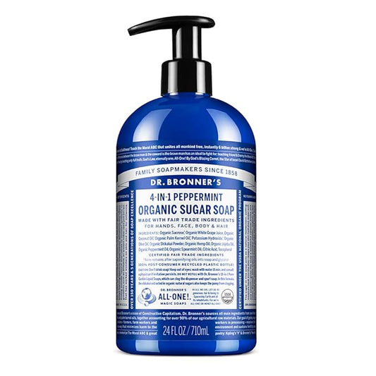 Dr. Bronner's - Organic Sugar Soap (Peppermint, 24 Ounce) - Made with Organic Oils, Sugar & Shikakai Powder, 4-in-1 Uses: Hands, Body, Face & Hair, Cleanses, Moisturizes & Nourishes, Vegan